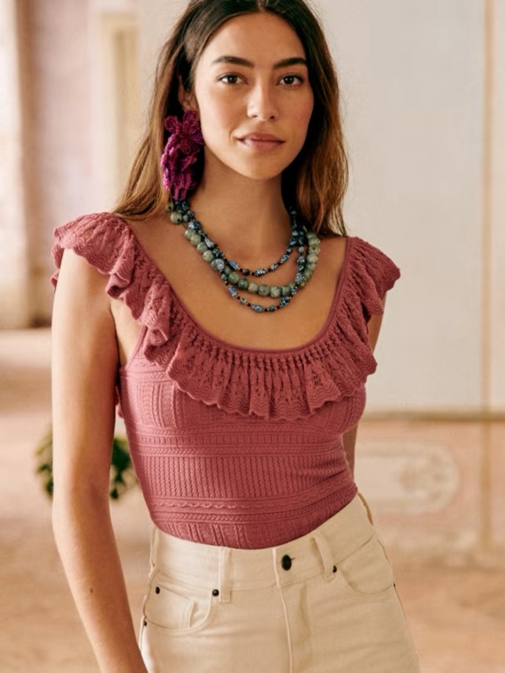 Sezane Lina Ruffled Scoop Neck Knit Tank Top - Rosewood Size M